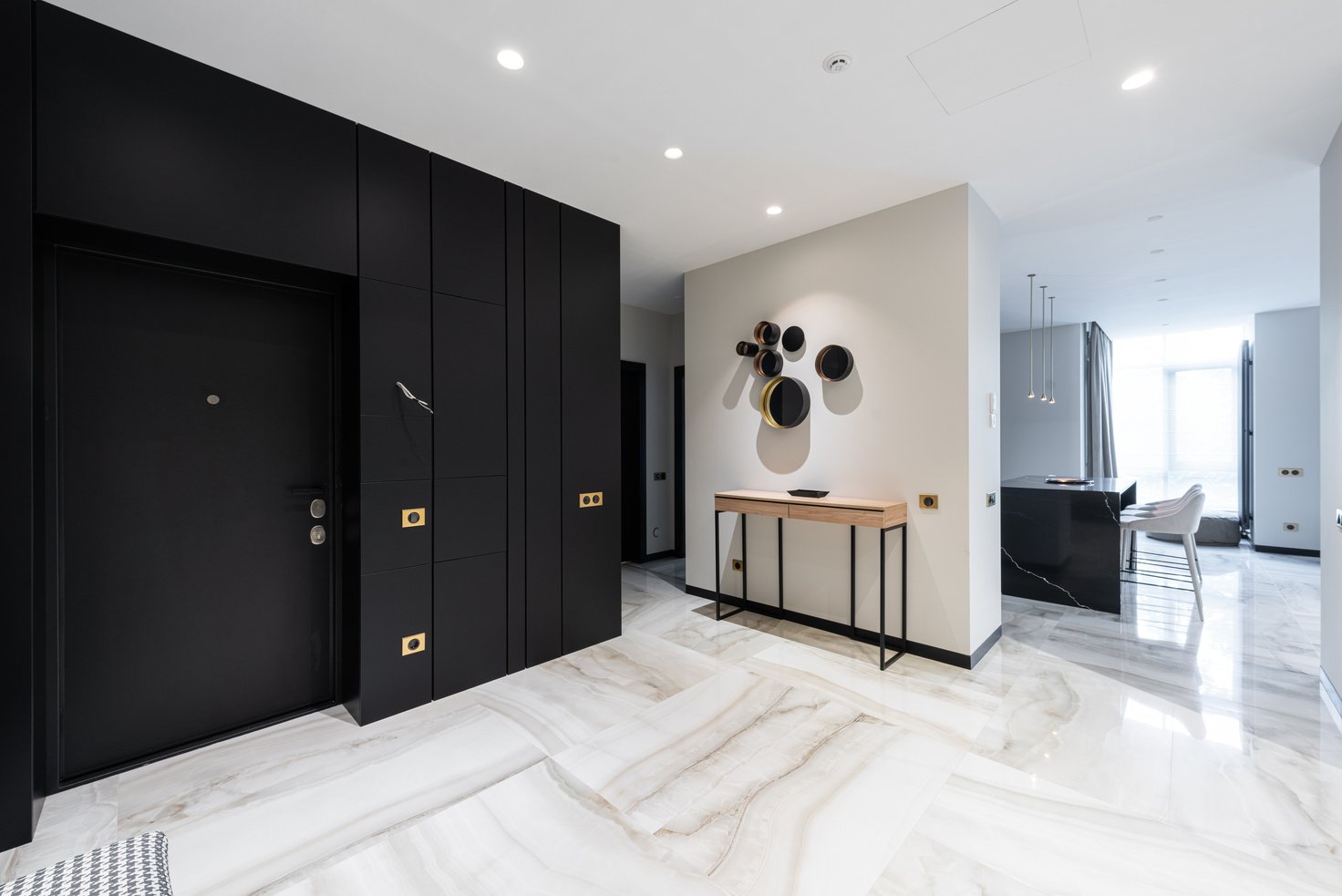 House hallway interior with open kitchen